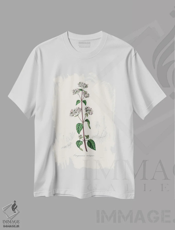 تیشرت سفید طرح دار پونه کوهی، گیاه شناسی پزشکی، تزئینی اثر جان استیونسون | immage.ir