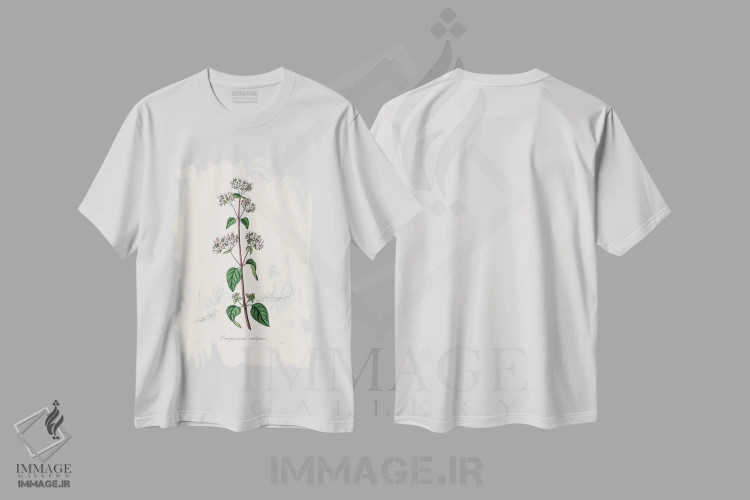 تیشرت سفید طرح دار پونه کوهی، گیاه شناسی پزشکی، تزئینی اثر جان استیونسون | immage.ir