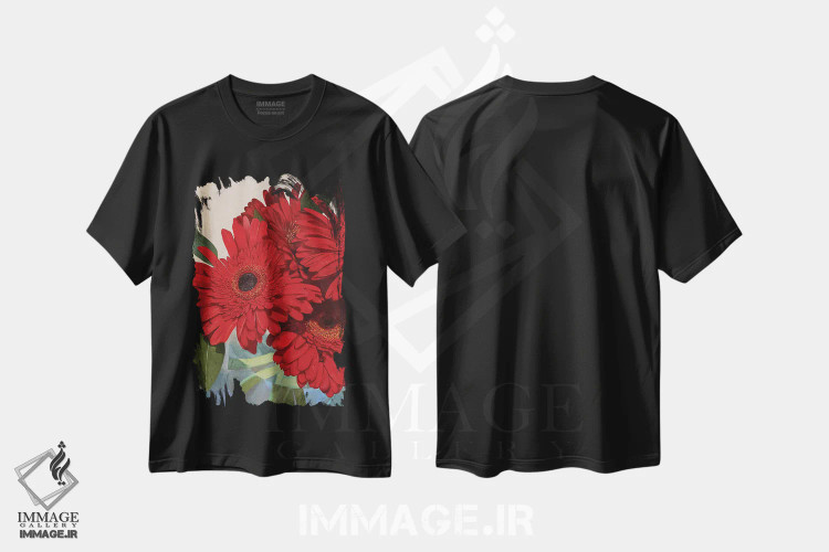 تیشرت مشکی طرح دار جزئیات گل ژربرای قرمز III، هنر دیجیتال اثر کیتی اوشی | فروشگاه ایماژ