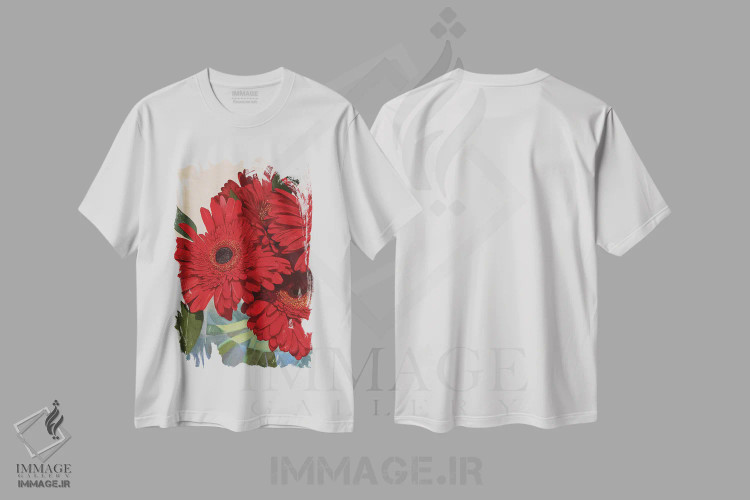 تیشرت سفید طرح دار جزئیات گل ژربرای قرمز III، هنر دیجیتال اثر کیتی اوشی | immage.ir