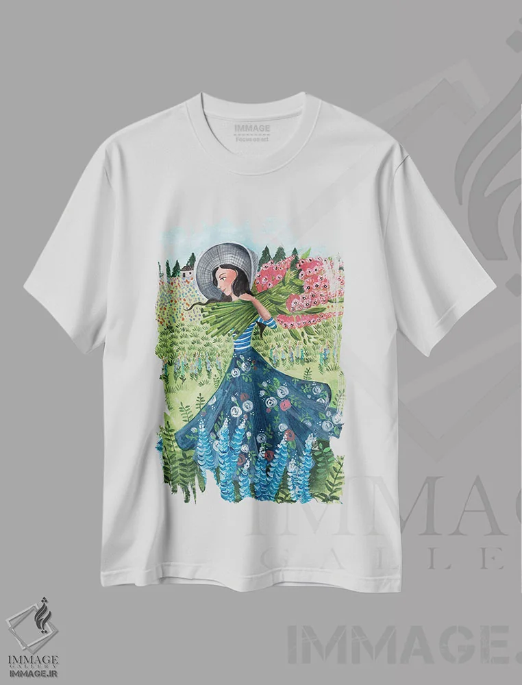تیشرت سفید طرح دار پیاده روی با گل های وحشی، دکور روستایی اثر کارولین بونه مولر | فروشگاه ایماژ