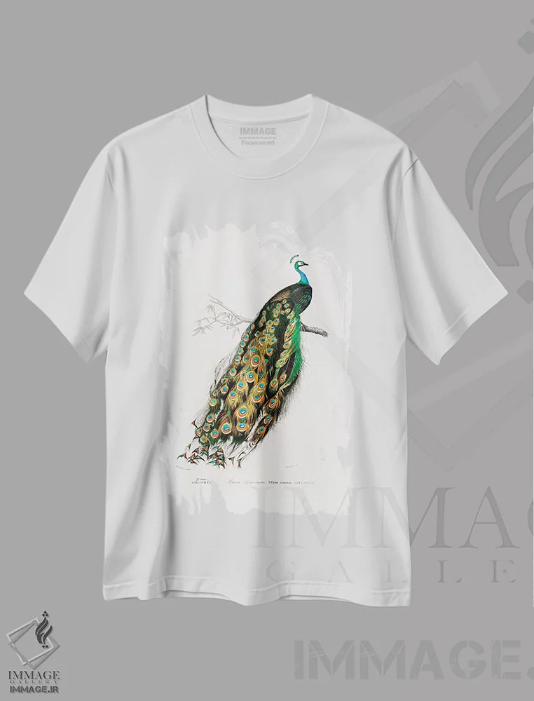 تیشرت سفید طرح دار طاووس هندی، دکور آسیایی اثر شارل دسالین د... | فروشگاه ایماژ