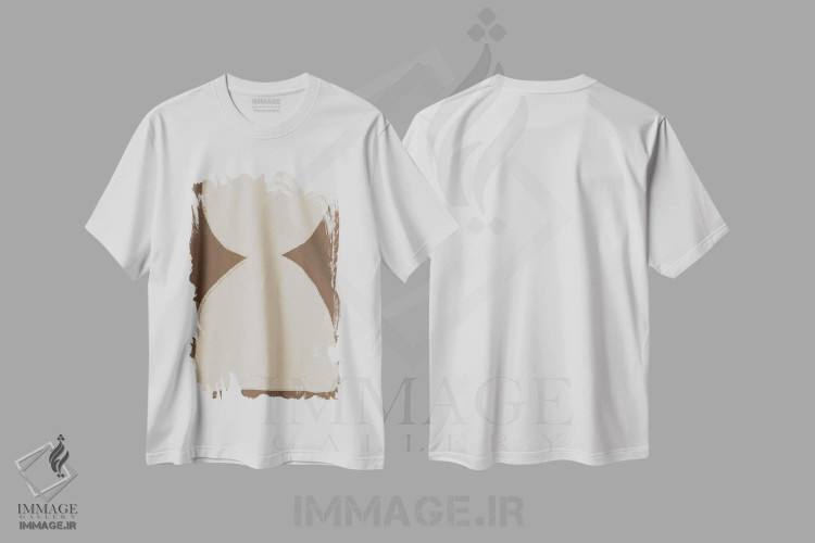تیشرت سفید طرح دار ترکیب اشکال بژ، آبستره اثر استودیو می یوس | immage.ir
