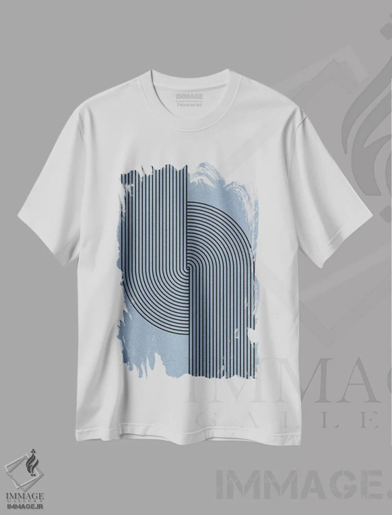 تیشرت سفید طرح دار مدرن میانه قرن به رنگ آبی، آبستره اثر استودیو می یوس | فروشگاه ایماژ