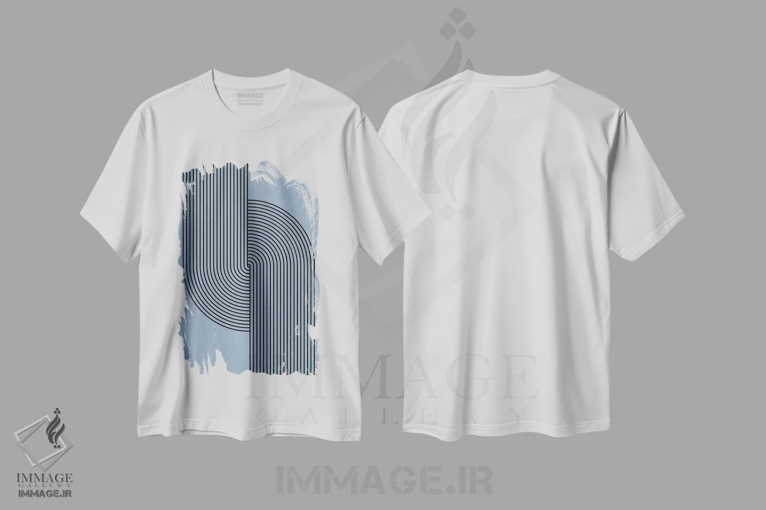تیشرت سفید طرح دار مدرن میانه قرن به رنگ آبی، آبستره اثر استودیو می یوس | فروشگاه ایماژ