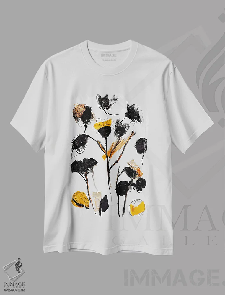 تیشرت سفید طرح دار گل های خشک سیاه، آبستره اثر تری چایلد | فروشگاه ایماژ