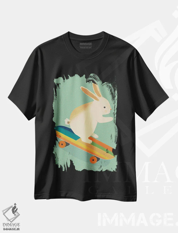 تیشرت مشکی طرح دار خرگوش روی اسکیت برد، تزئینی اثر تری چایلد | فروشگاه ایماژ