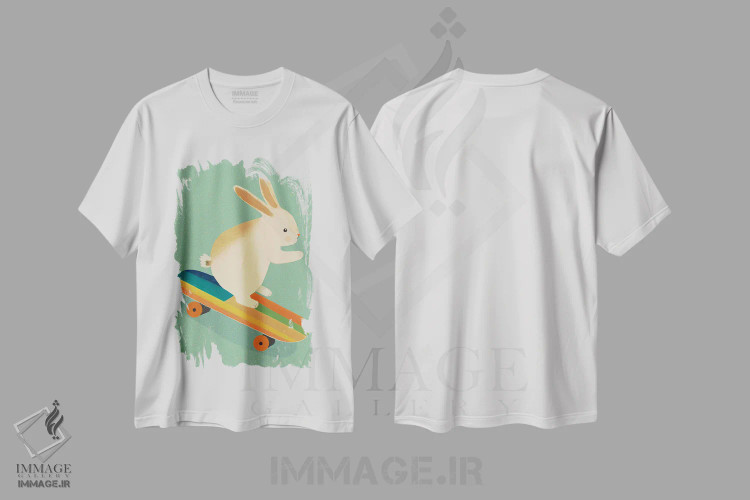 تیشرت سفید طرح دار خرگوش روی اسکیت برد، تزئینی اثر تری چایلد | immage.ir