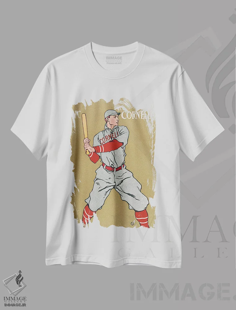 تیشرت سفید طرح دار طرح قدیمی بازیکن بیسبال با چوب، تزئینی اثر ادوارد پنفیلد | immage.ir