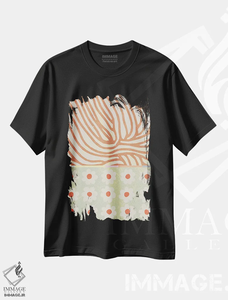 تیشرت مشکی طرح دار ترکیب گل ها II، آبستره اثر ان کِی تی ان | فروشگاه ایماژ