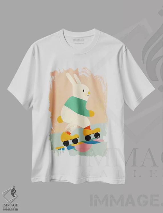 تیشرت سفید طرح دار – تیشرت فانتزی ,خرگوش اسکیت باز اثر تری چایلد immage.ir