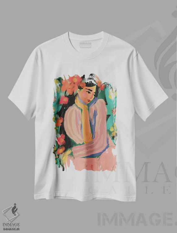 تیشرت سفید طرح دار – تیشرت هنری ,سورا در باغ گل اثر تری چایلد فروشگاه ایماژ