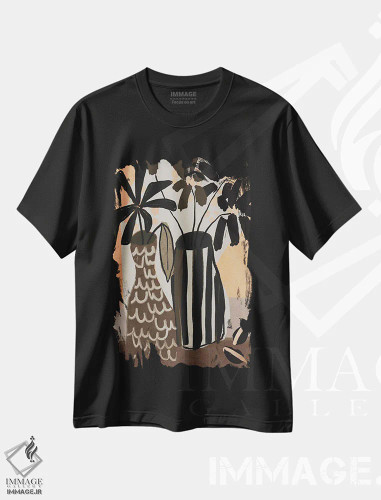 تیشرت مشکی طرح دار – تیشرت هنری ,طبیعت بی جان با گلدان ها اثر تری چایلد فروشگاه ایماژ