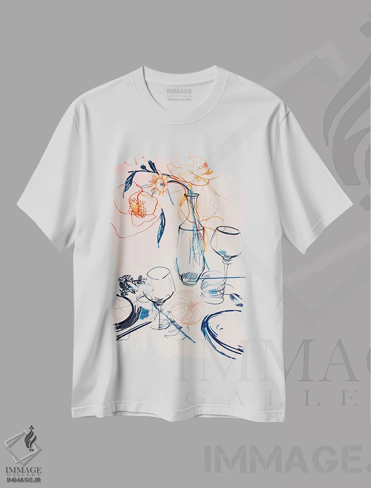تیشرت سفید طرح دار – تیشرت مینیمال ,طبیعت بی جان میز I اثر تری چایلد فروشگاه ایماژ