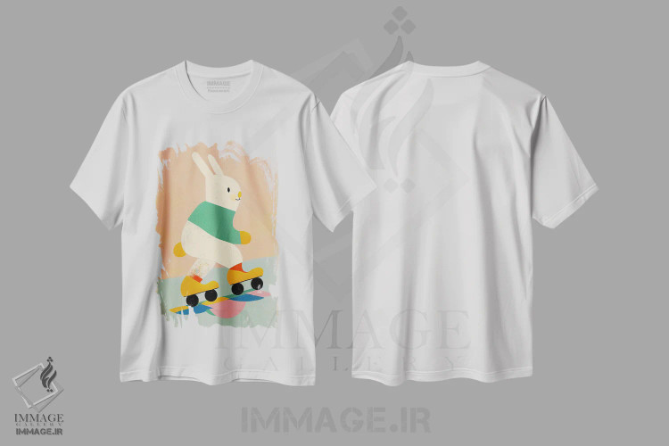 تیشرت سفید طرح دار – تیشرت فانتزی ,خرگوش اسکیت باز اثر تری چایلد immage.ir