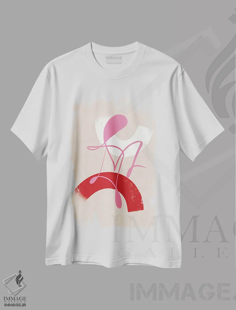 تیشرت سفید طرح دار – تیشرت انتزاعی هندسی ,انتزاعی قرمز و صورتی اثر آن-ماری وولفووا immage.ir