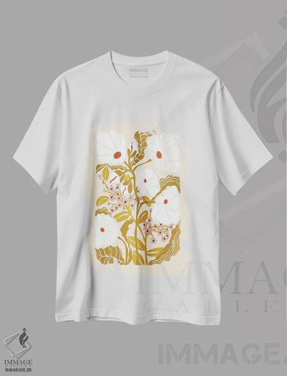 تیشرت سفید طرح دار – تیشرت گلدار هنری ,گل های کلیمت با رنگ های خاکی اثر آنیـک فروشگاه ایماژ