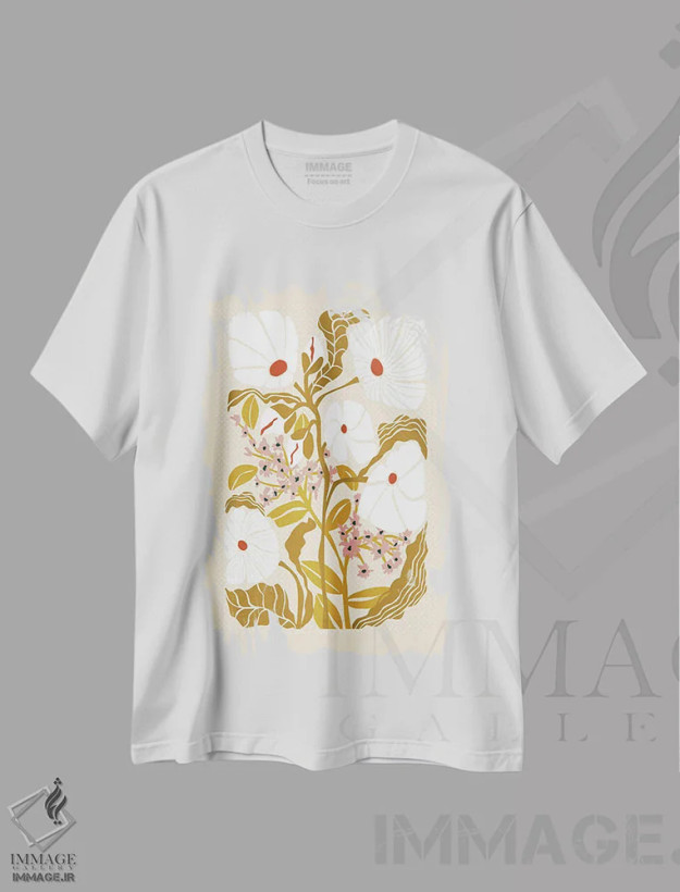 تیشرت سفید طرح دار – تیشرت گلدار هنری ,گل های کلیمت با رنگ های خاکی اثر آنیـک فروشگاه ایماژ