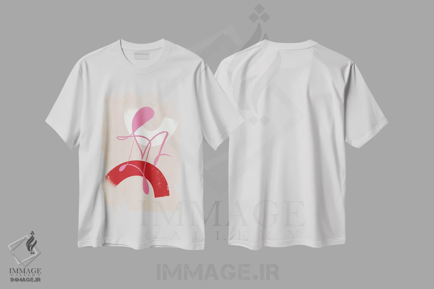 تیشرت سفید طرح دار – تیشرت انتزاعی هندسی ,انتزاعی قرمز و صورتی اثر آن-ماری وولفووا immage.ir