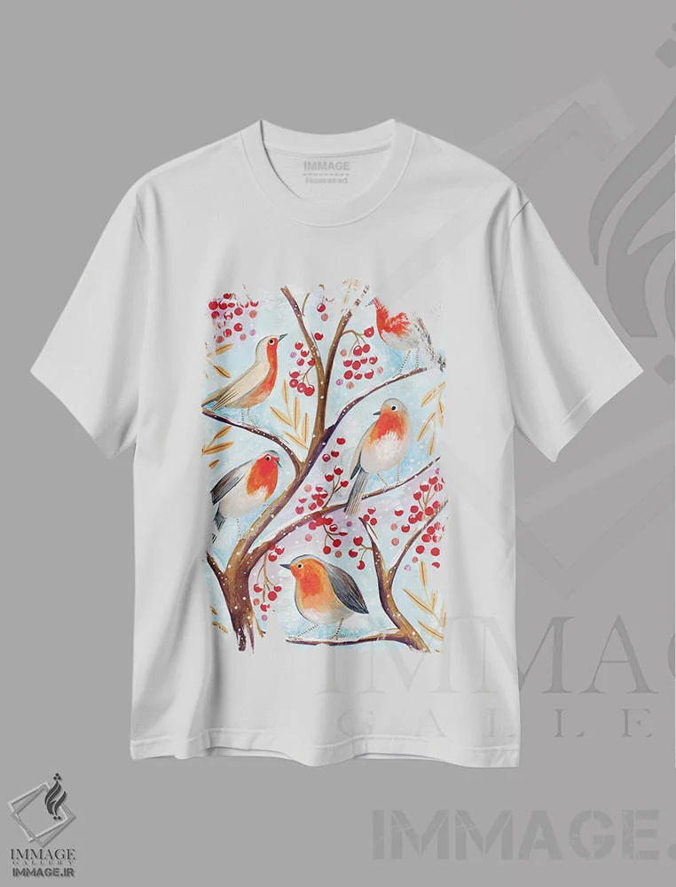 تیشرت سفید طرح دار – تیشرت پرندگان ,پرندگان زمستانی، روبین ها، کریسمس و برف اثر کارولین بونه مولر فروشگاه ایماژ