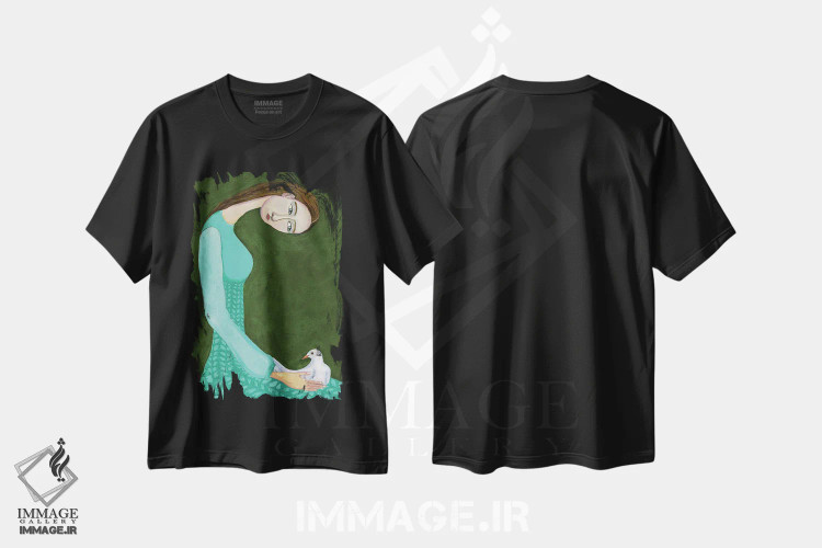 تیشرت مشکی طرح دار – تیشرت معنوی ,خانمی نشسته همراه با کبوتر سفید اثر شارین بورسیک فروشگاه ایماژ