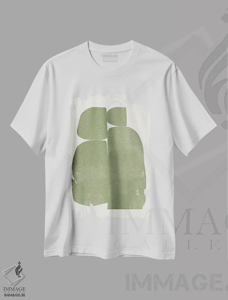 تیشرت سفید طرح دار – تیشرت هندسی ,ترکیب سنگ های سبز اثر استودیو می یوس فروشگاه ایماژ