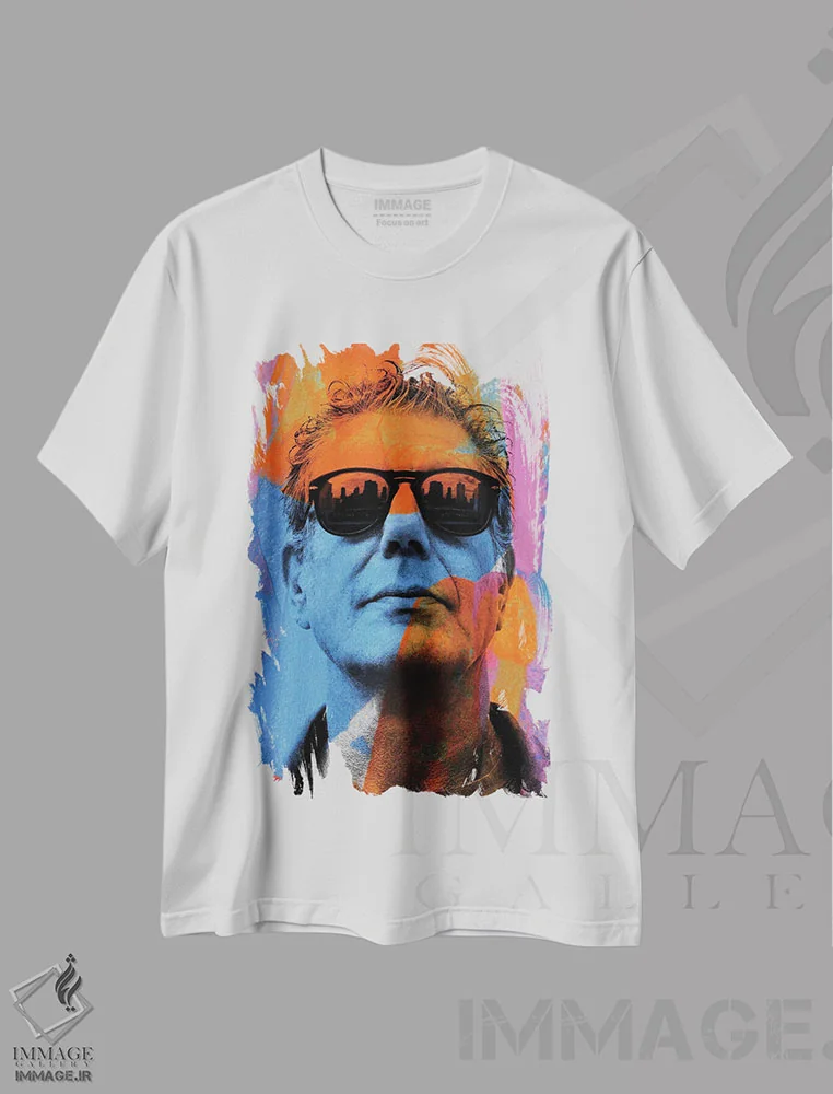 تیشرت سفید طرح دار – تیشرت مشاهیر ,آنتونی بوردین رنگ های روشن اثر کارخانه پاپ آرت immage.ir