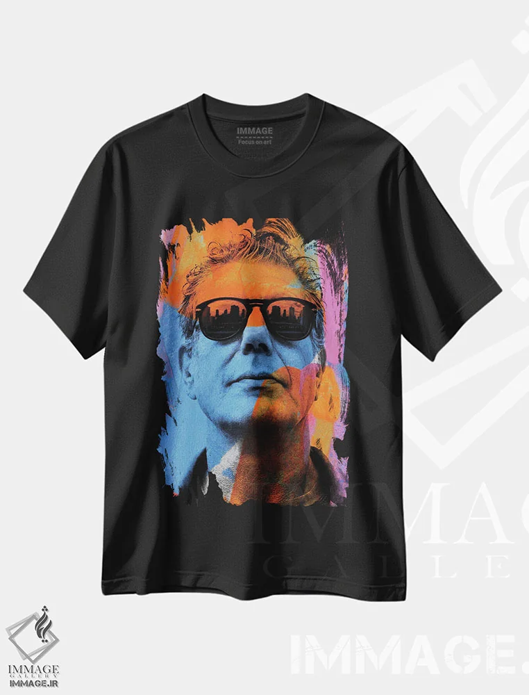 تیشرت مشکی طرح دار – تیشرت مشاهیر ,آنتونی بوردین رنگ های روشن اثر کارخانه پاپ آرت فروشگاه ایماژ