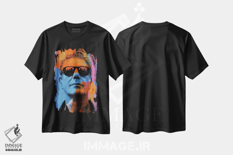 تیشرت مشکی طرح دار – تیشرت مشاهیر ,آنتونی بوردین رنگ های روشن اثر کارخانه پاپ آرت فروشگاه ایماژ