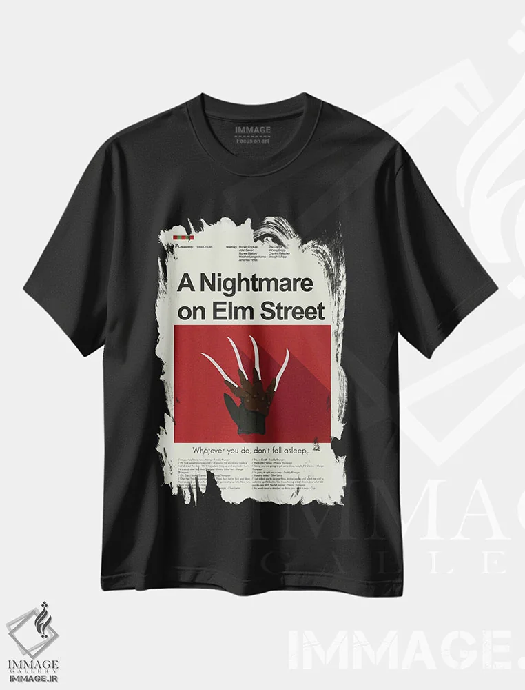 تیشرت مشکی طرح دار – تیشرت ترسناک ,کابوس در خیابان الم اثر پرینتس اند گیگلز اثر اَرین هیگرمن immage.ir