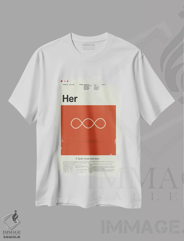 تیشرت سفید طرح دار – تیشرت فیلم عاشقانه ,او اثر پرینتس اند گیگلز اثر اَرین هیگرمن فروشگاه ایماژ
