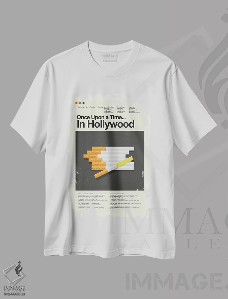 تیشرت سفید طرح دار – تیشرت سینمایی ,روزی روزگاری... در هالیوود اثر پرینتس اند گیگلز اثر اَرین هیگرمن immage.ir