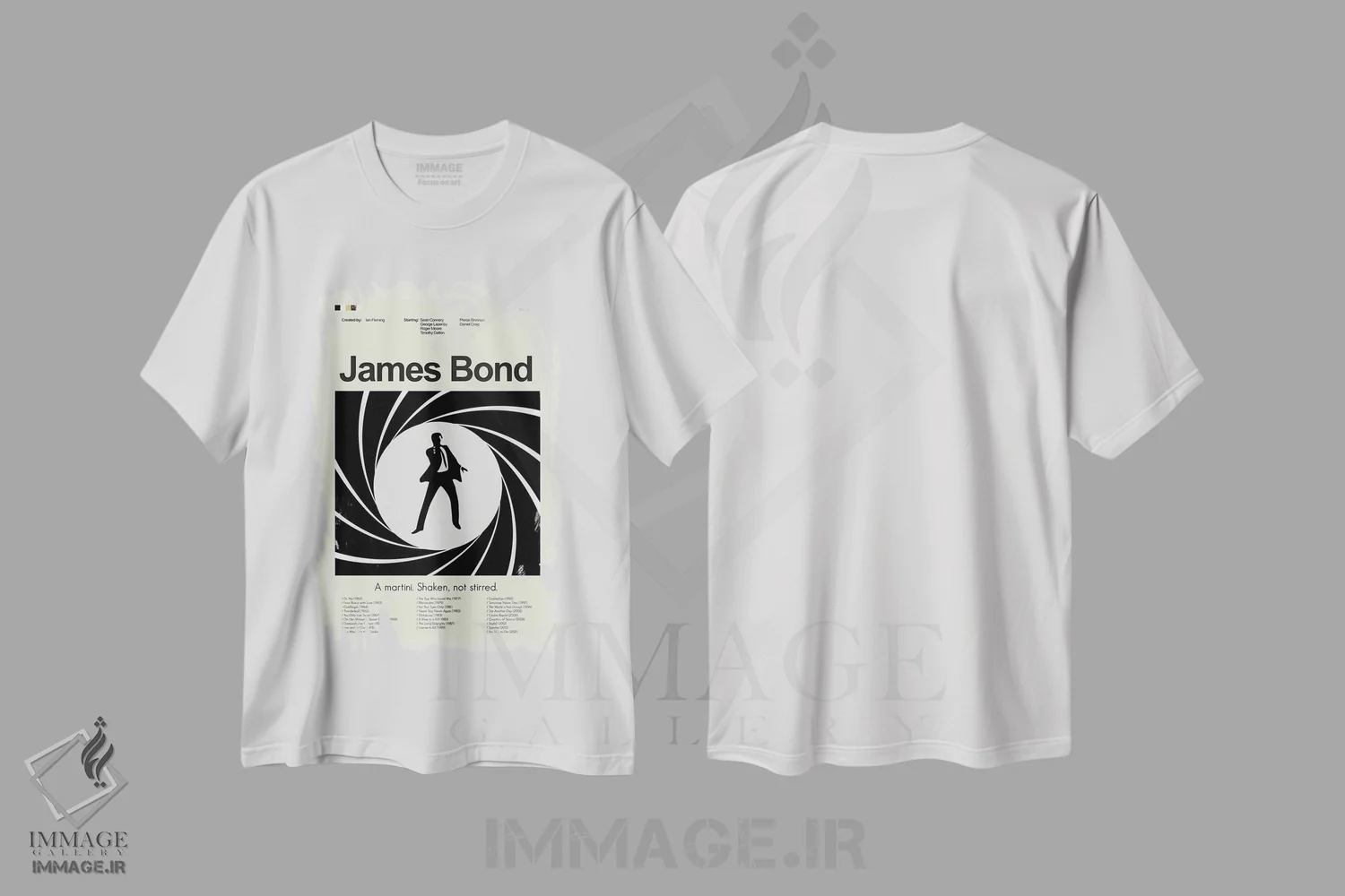 تیشرت سفید طرح دار – تیشرت جیمز باند ,جیمز باند اثر پرینتس اند گیگلز اثر اَرین هیگرمن فروشگاه ایماژ