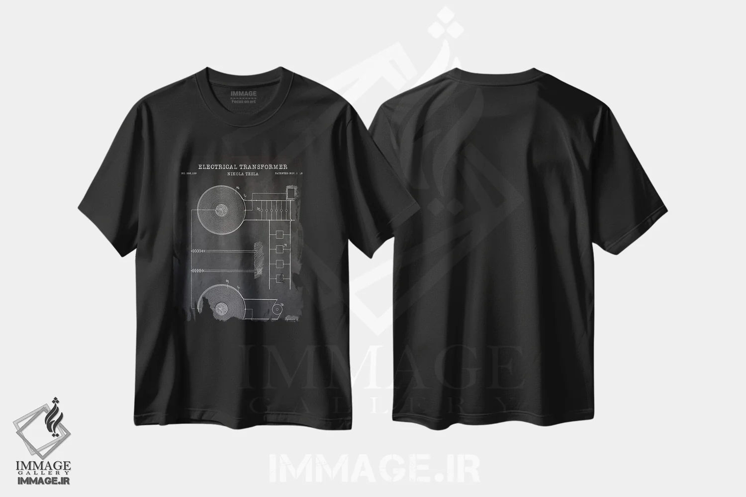 تیشرت مشکی طرح دار – تیشرت وینتیج علمی ,ترانسفورماتور الکتریکی تسلا، سیاه اثر پتنت پرینت استور immage.ir