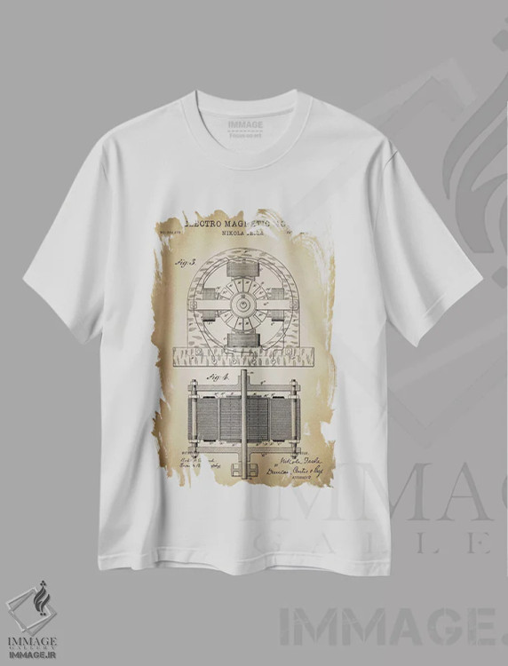تیشرت سفید طرح دار – تیشرت فنی ,موتور الکترومغناطیسی تسلا، بژ اثر پتنت پرینت استور immage.ir