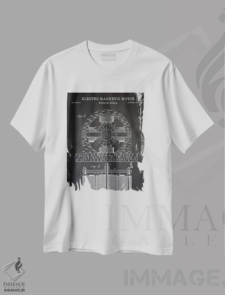 تیشرت سفید طرح دار – تیشرت صنعتی وینتیج ,موتور الکترومغناطیسی تسلا، سیاه اثر پتنت پرینت استور فروشگاه ایماژ