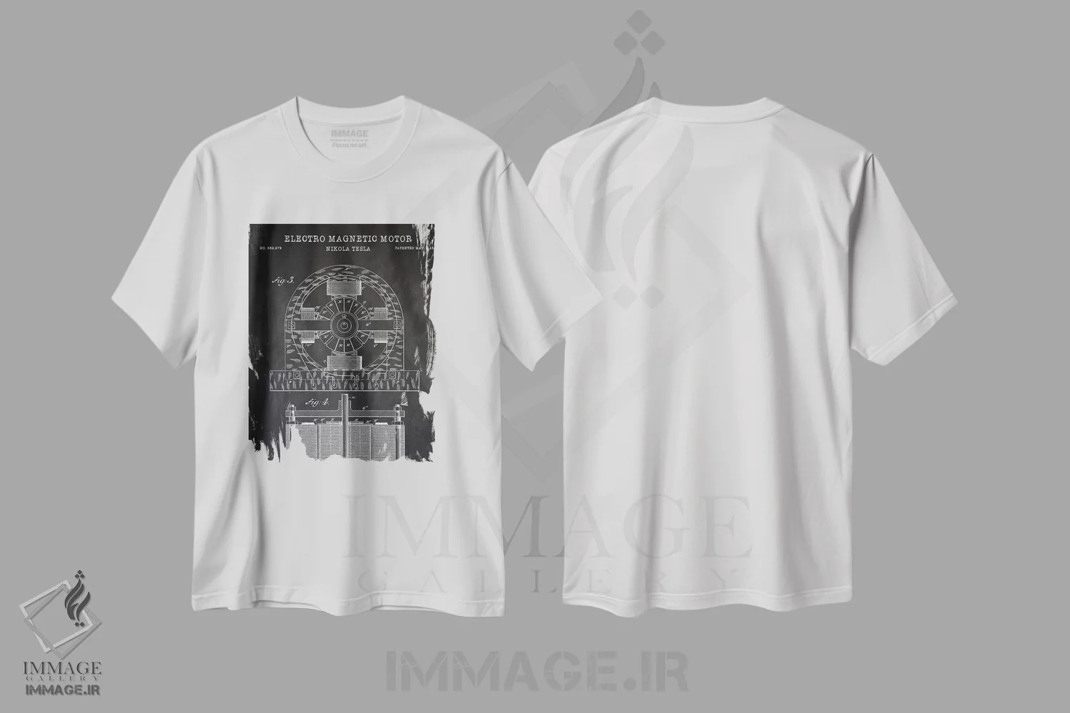 تیشرت سفید طرح دار – تیشرت صنعتی وینتیج ,موتور الکترومغناطیسی تسلا، سیاه اثر پتنت پرینت استور فروشگاه ایماژ