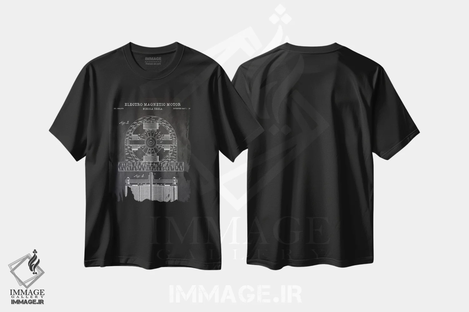 تیشرت مشکی طرح دار – تیشرت صنعتی وینتیج ,موتور الکترومغناطیسی تسلا، سیاه اثر پتنت پرینت استور immage.ir