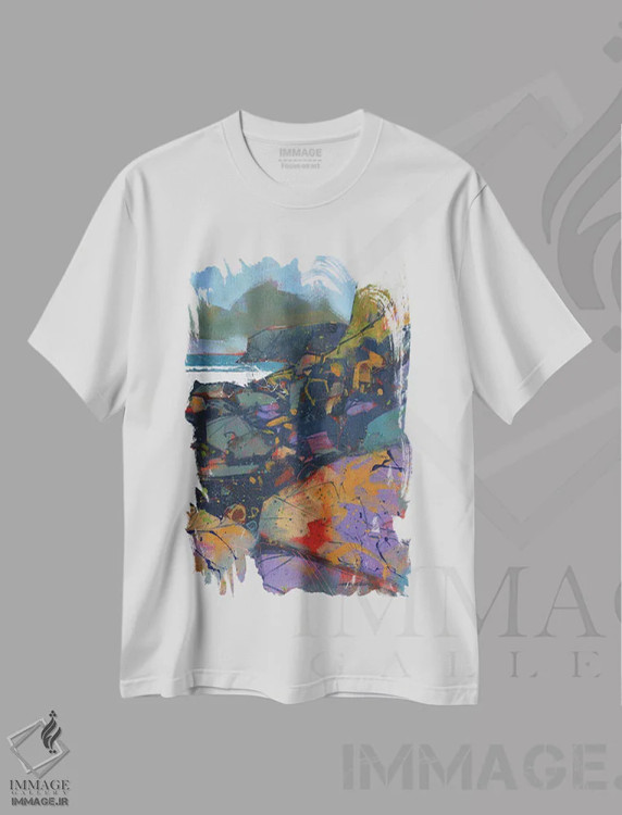 تیشرت سفید طرح دار – تیشرت ساحلی ,صخره های مورفا کوو اثر پل بیلی فروشگاه ایماژ