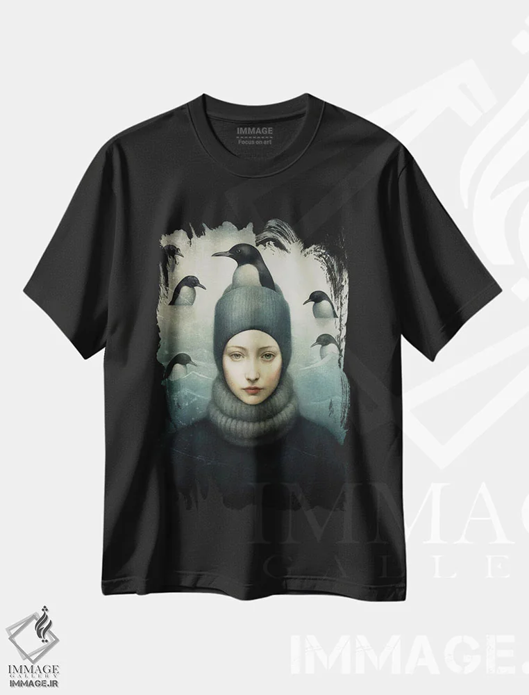 تیشرت مشکی طرح دار – تیشرت زمستانی ,بانوی پنگوئن اثر پائولا بل فلورس فروشگاه ایماژ