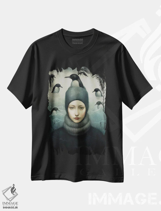 تیشرت مشکی طرح دار – تیشرت زمستانی ,بانوی پنگوئن اثر پائولا بل فلورس فروشگاه ایماژ