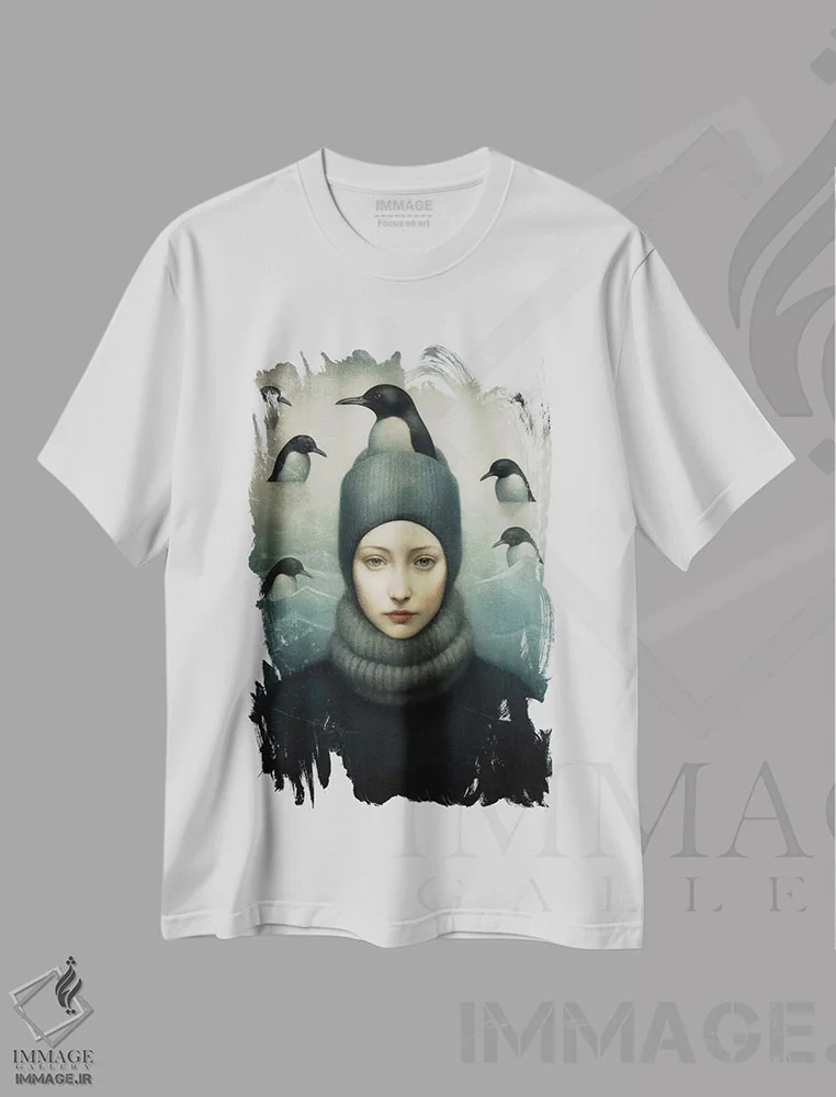تیشرت سفید طرح دار – تیشرت زمستانی ,بانوی پنگوئن اثر پائولا بل فلورس immage.ir