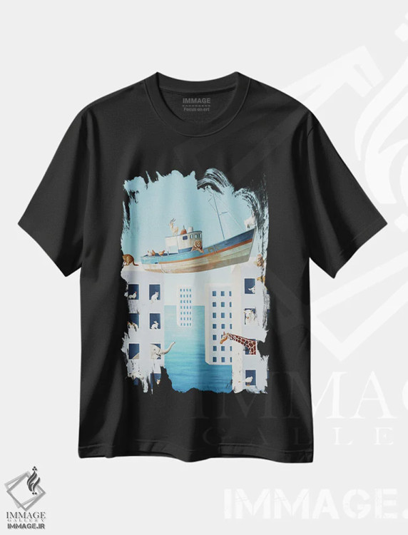 تیشرت مشکی طرح دار – تیشرت هنری سورئال ,پنجره هایی با منظره دریا اثر پُل برنارد روسل فروشگاه ایماژ