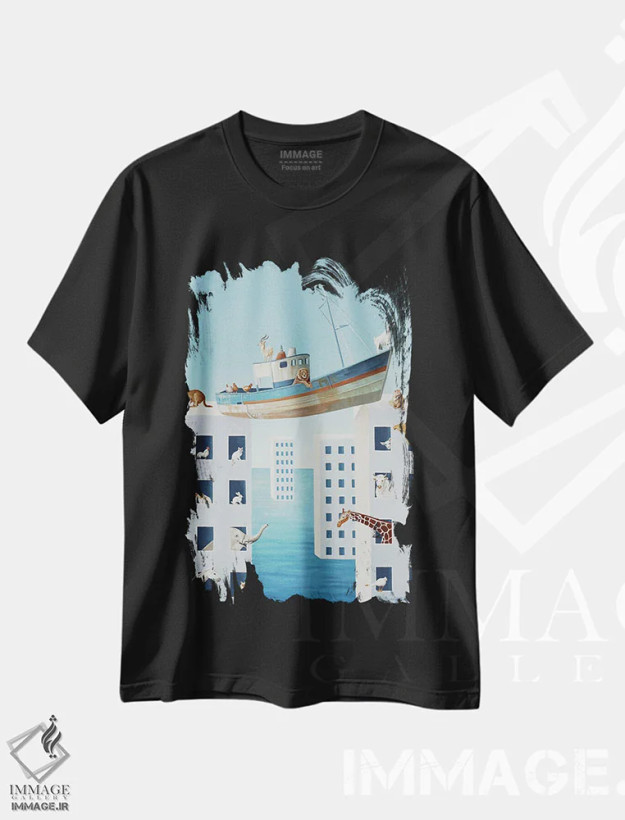 تیشرت مشکی طرح دار – تیشرت هنری سورئال ,پنجره هایی با منظره دریا اثر پُل برنارد روسل فروشگاه ایماژ