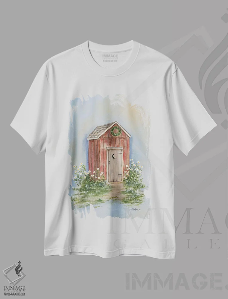 تیشرت سفید طرح دار – تیشرت روستایی ,توالت بیرونی روستایی اثر پم بریتون فروشگاه ایماژ