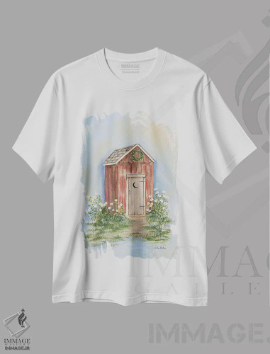 تیشرت سفید طرح دار – تیشرت روستایی ,توالت بیرونی روستایی اثر پم بریتون فروشگاه ایماژ