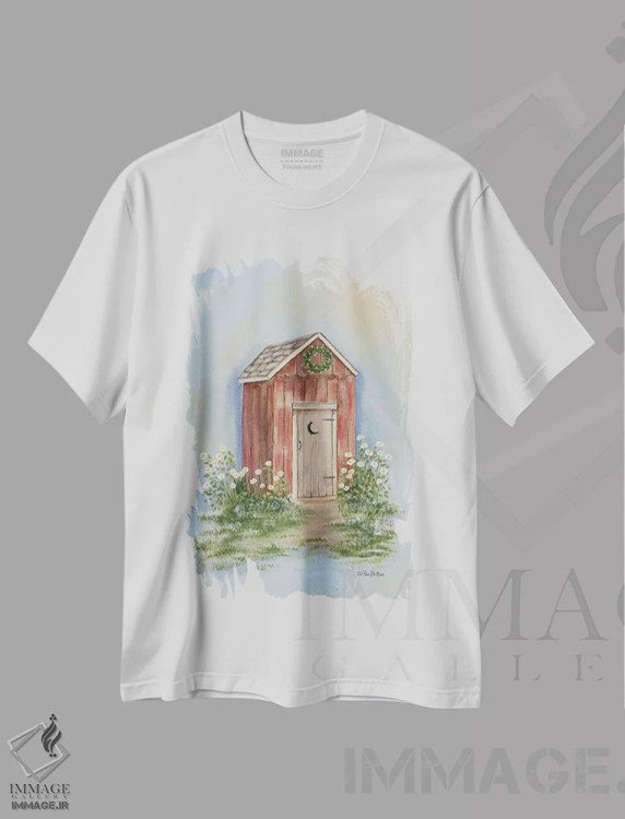 تیشرت سفید طرح دار – تیشرت روستایی ,توالت بیرونی روستایی اثر پم بریتون فروشگاه ایماژ