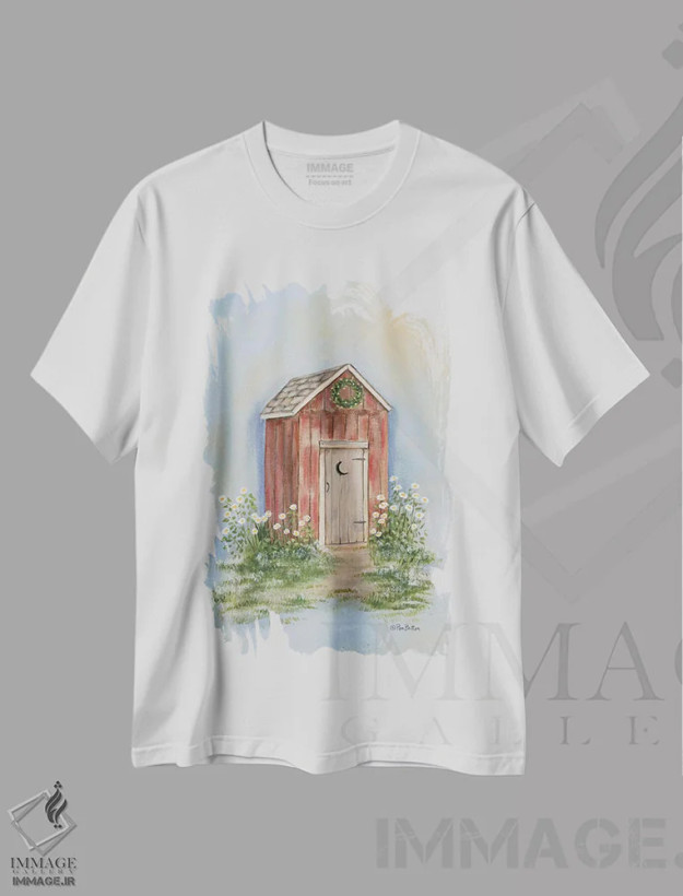 تیشرت سفید طرح دار – تیشرت روستایی ,توالت بیرونی روستایی اثر پم بریتون فروشگاه ایماژ