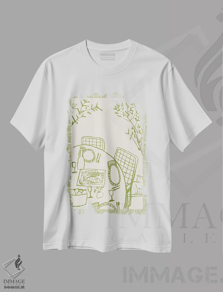 تیشرت سفید طرح دار – تیشرت هنری ,گربه روی میز اثر پاسکال برکوویتز فروشگاه ایماژ