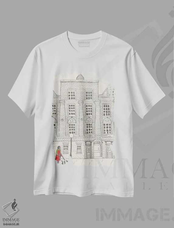 تیشرت سفید طرح دار – تیشرت حیوانات ,پیاده روی سگ در لندن اثر پاسکال برکوویتز immage.ir